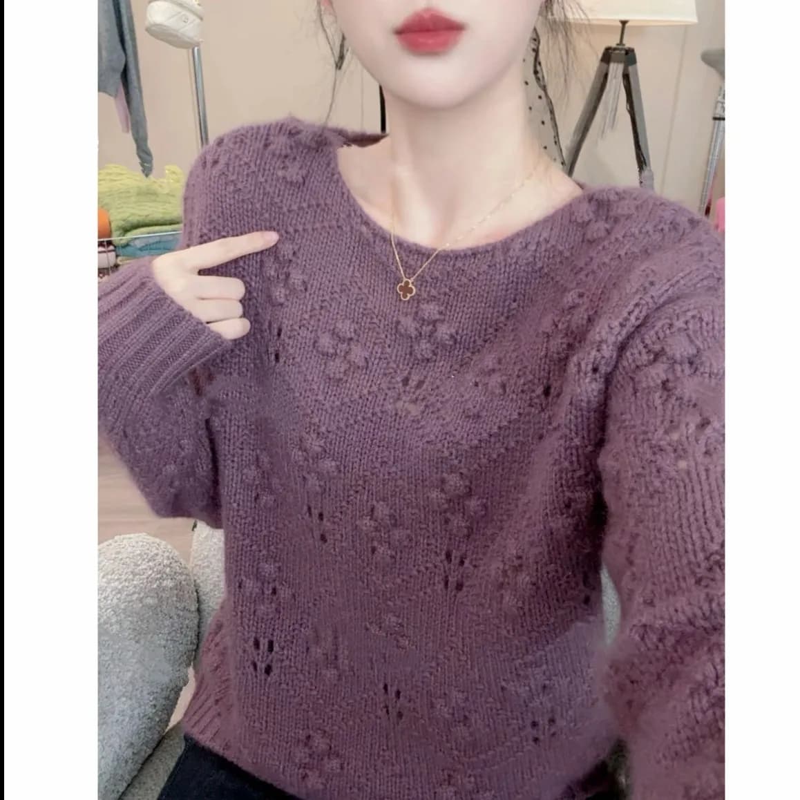 高级感紫色针织毛衣女秋冬季