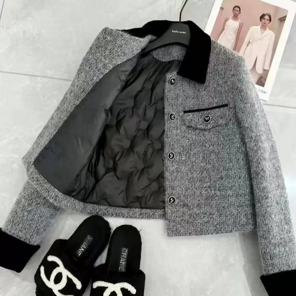 小香风毛呢拼接羽绒内里夹棉短外套女秋冬高级感修身气质加厚上衣,女装/女士精品,常规大码外套,淘宝优惠券,粉丝福利购,淘宝优惠卷