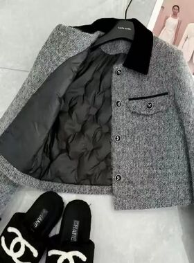 小香风毛呢拼接羽绒内里夹棉短外套女秋冬高级感修身气质加厚上衣