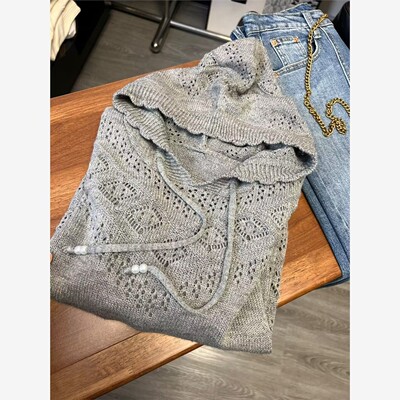 钩花连帽镂空针织衫长袖毛衣女2025春秋新款气质时尚宽松薄款上衣