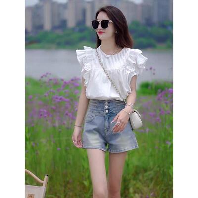 小清新甜美蕾丝白色娃娃衫女夏季新款飞飞袖圆领褶皱宽松短袖衬衫