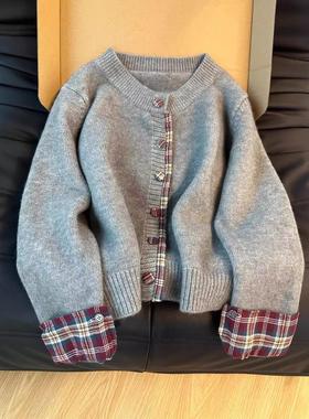 假两件韩系圆领拼接格子毛衣女2025秋冬新款针织外套洋气休闲开衫