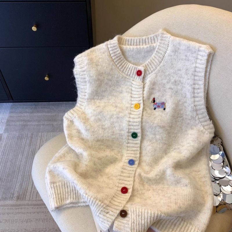 学院风彩扣刺绣小狗针织毛衣开衫