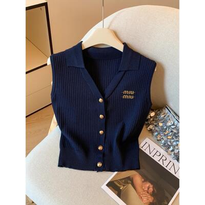 藏青色高级感无袖polo领背心女夏季法式小资气质掐腰短款针织开衫