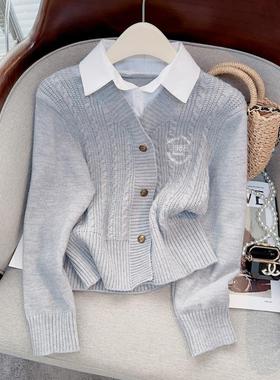 学院风假两件衬衫polo领拼接针织上衣女秋冬时尚气质减龄麻花毛衣
