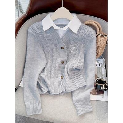 学院风假两件衬衫polo领拼接针织上衣女秋冬时尚气质减龄麻花毛衣