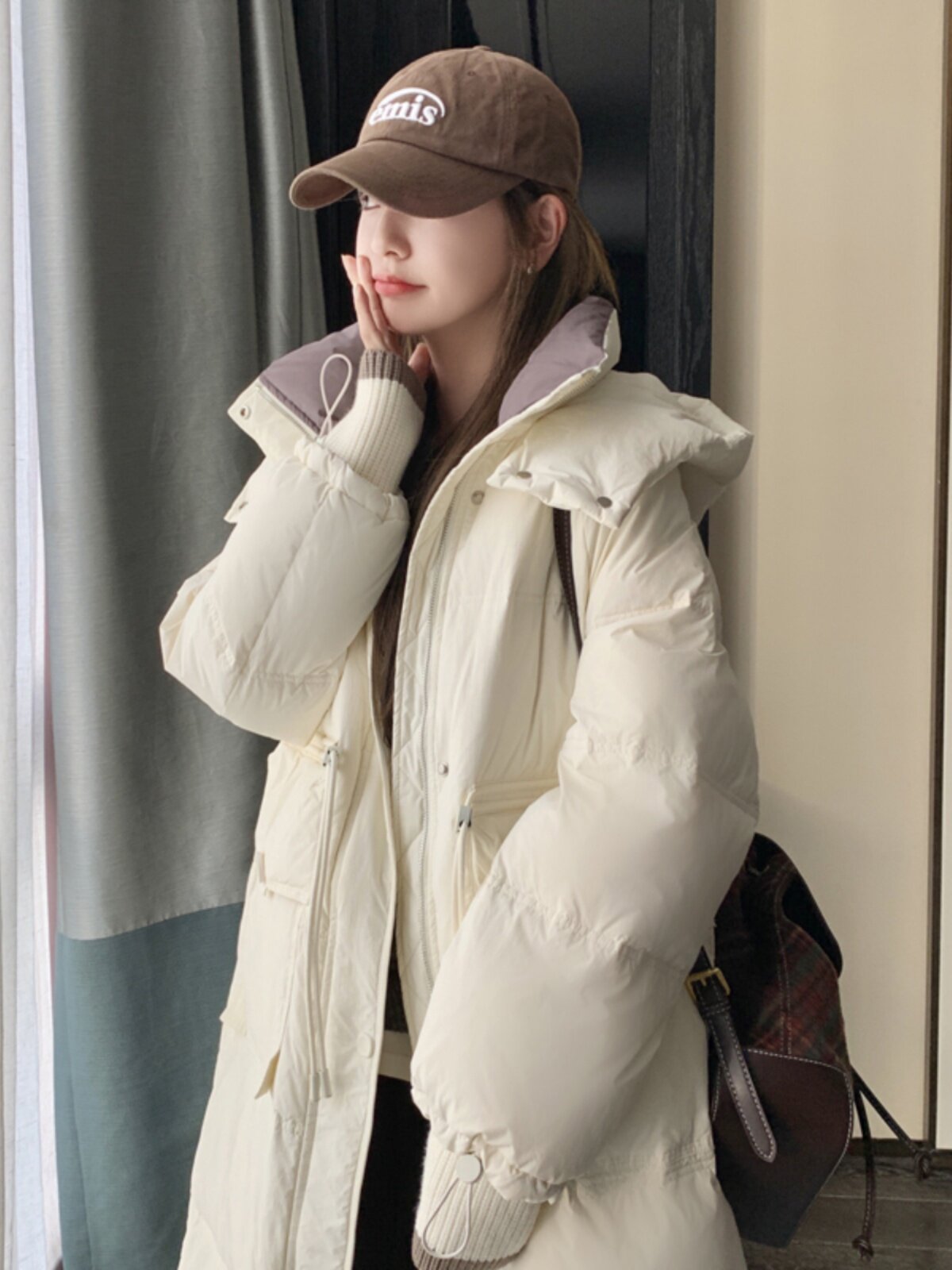 现货2023冬季新款拼色长款羽绒服外套连帽白鸭绒706-P355-K528图片