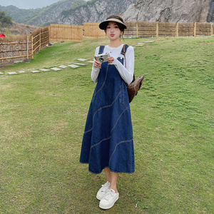 牛仔背带裙女2025春夏季新款韩系复古百搭遮肉修身宽松A字连衣裙图片