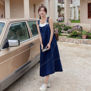 牛仔背带裙女2025春夏季新款韩系复古百搭遮肉修身宽松A字连衣裙图片