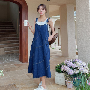牛仔背带裙女2025春夏季新款韩系复古百搭遮肉修身宽松A字连衣裙图片
