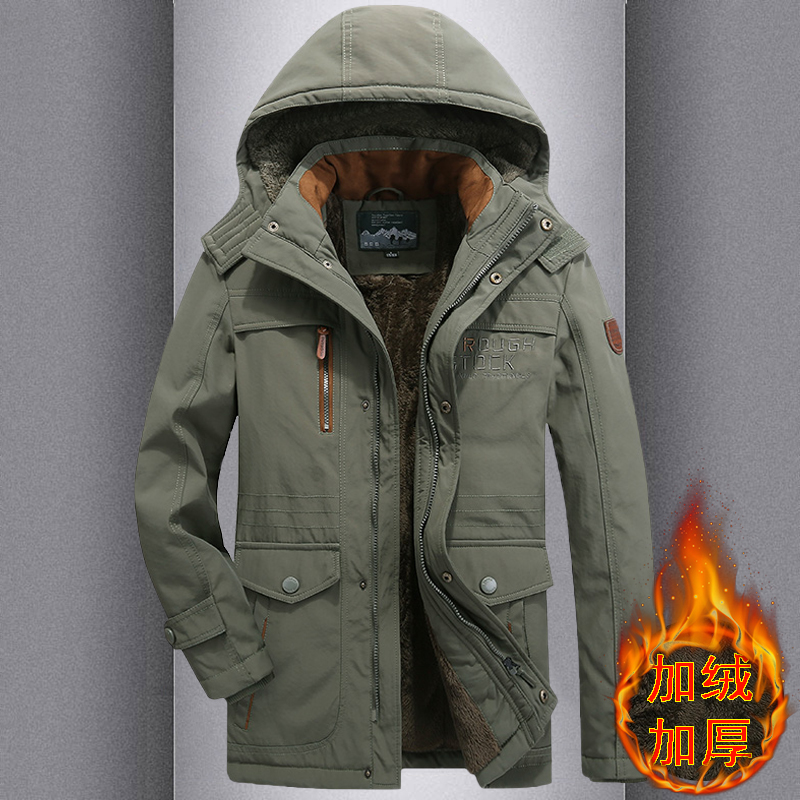 冬季加绒加厚中长棉服男