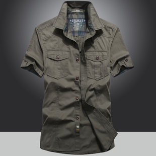 衬衫 男士 军装 爸爸工装 衬衣 夏天薄款 短袖 休闲大码 夏季 纯棉水洗衬衫