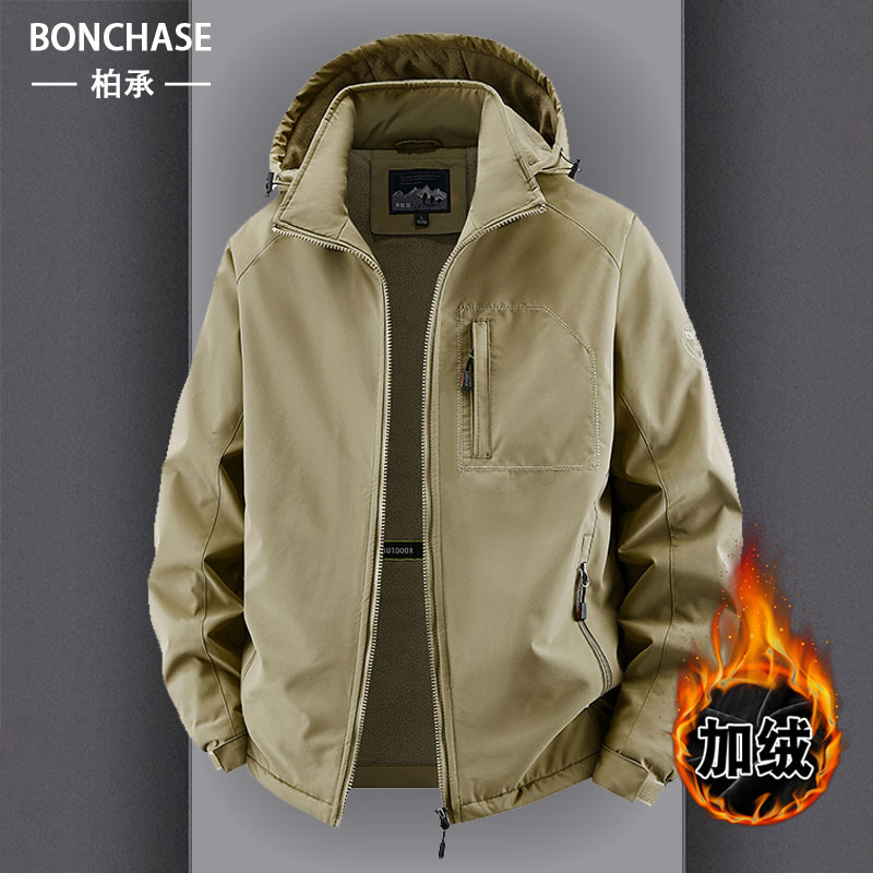 加绒外套男秋冬加厚夹克保暖棉服大码户外冲锋衣防风防水工装棉衣