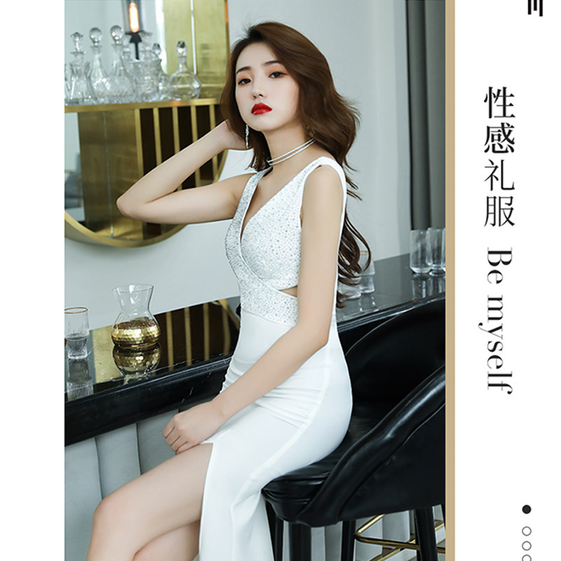性感晚礼服女修身显瘦名嫒气质低胸开叉长裙高级感小众鱼尾连衣裙