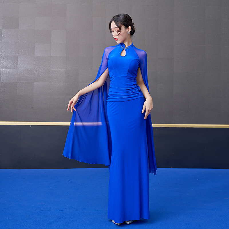 表演服装女性感修身弹力紧身改良版旗袍连衣裙长款演出现代民族风
