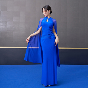 表演服装女性感修身弹力紧身改良版旗袍连衣裙长款演出现代民族风