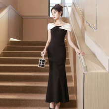 2024年明星同款晚礼服高级感宴会气质一字肩鱼尾成人礼黑色长裙女