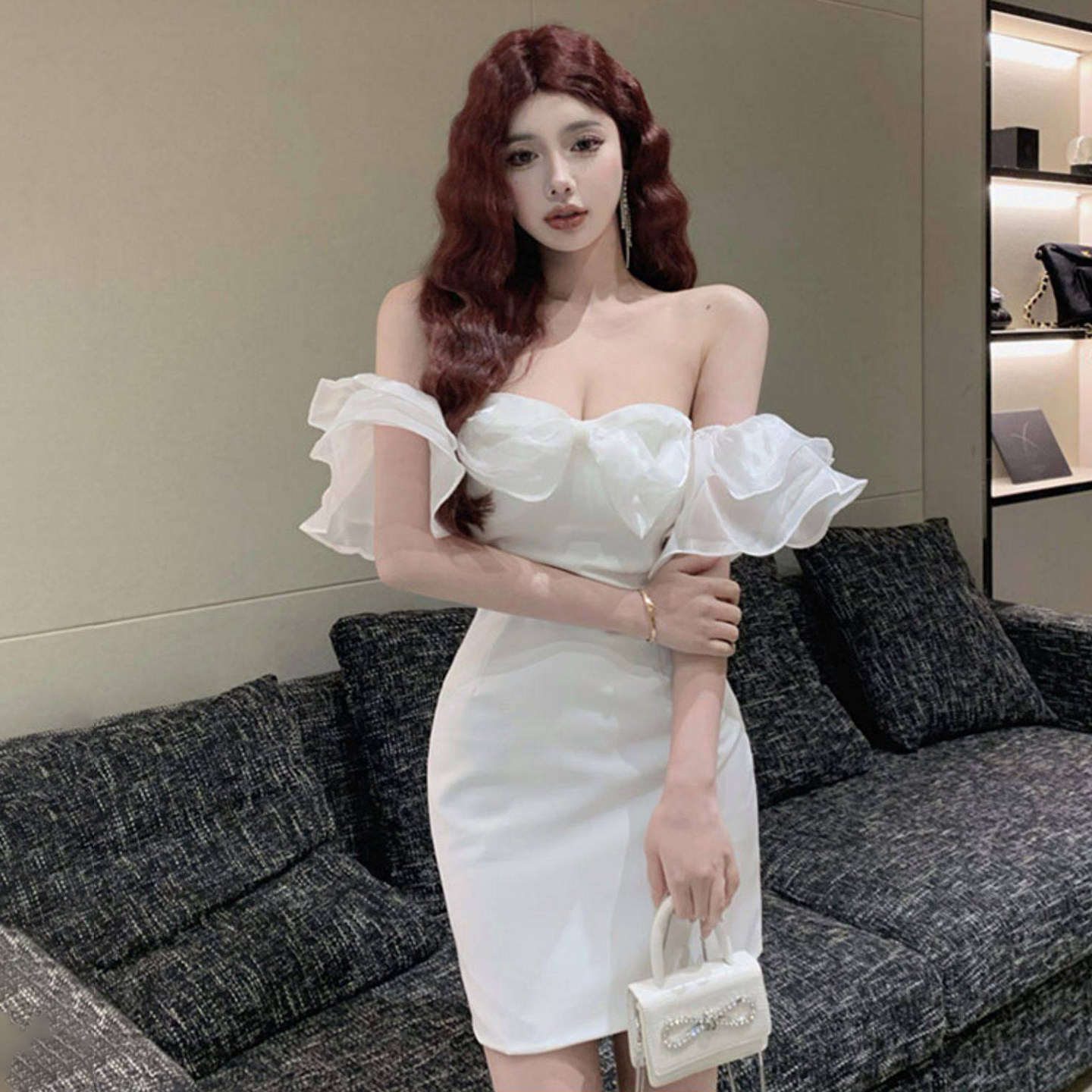 时尚一字肩荷叶袖白色礼服裙女蝴蝶结抹胸法式包臀短裙名媛宴会装
