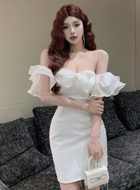 时尚一字肩荷叶袖白色礼服裙女蝴蝶结抹胸法式包臀短裙名媛宴会装