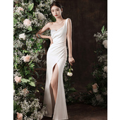 性感女士晚礼服修身 春 显瘦单肩开叉镶钻连衣裙桑拿技师服夜场女装