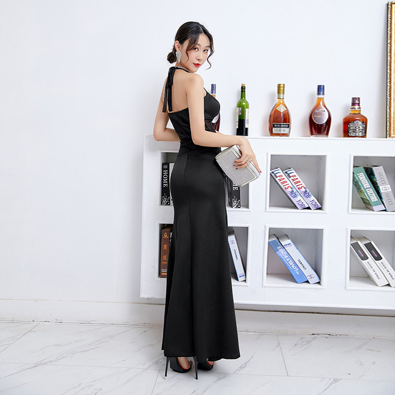 夜场上班衣服收腰吊带挂脖裙子针织连衣裙长裙黑色气质露背晚礼服
