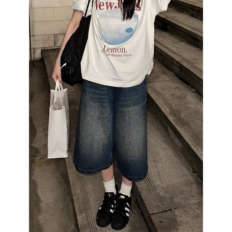 美式高街复古牛仔短裤女夏季薄款水洗做旧宽松直筒百搭阔腿七分裤