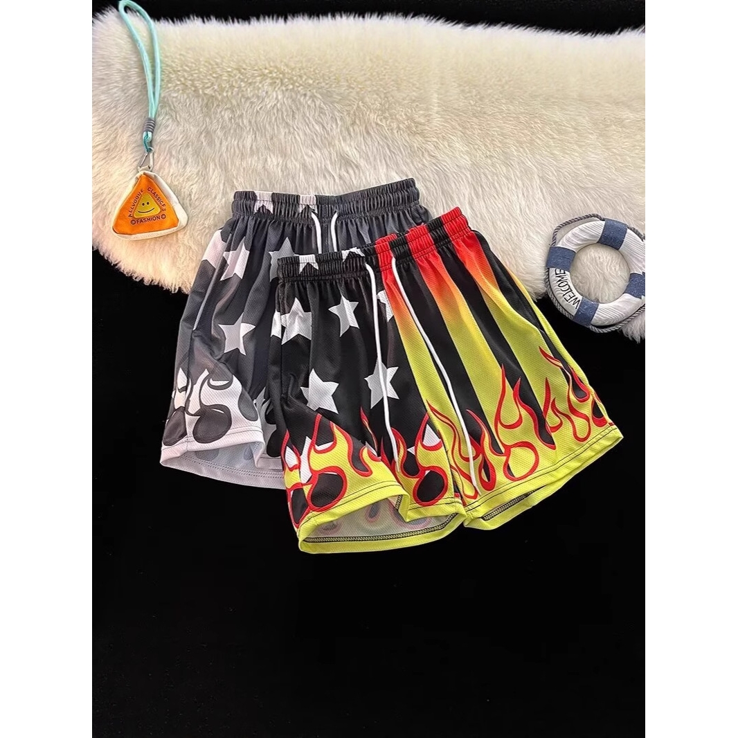 街头潮酷火焰星星条纹印花夏季运动休闲短裤街潮篮球直筒五分裤子