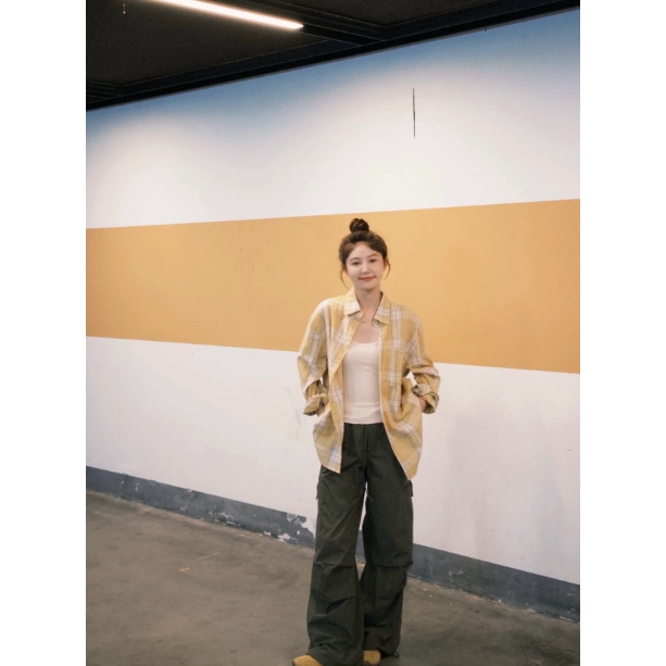 原版面料2025黄色百搭格子衬衫女内搭叠穿打底上衣宽松显瘦衬衣