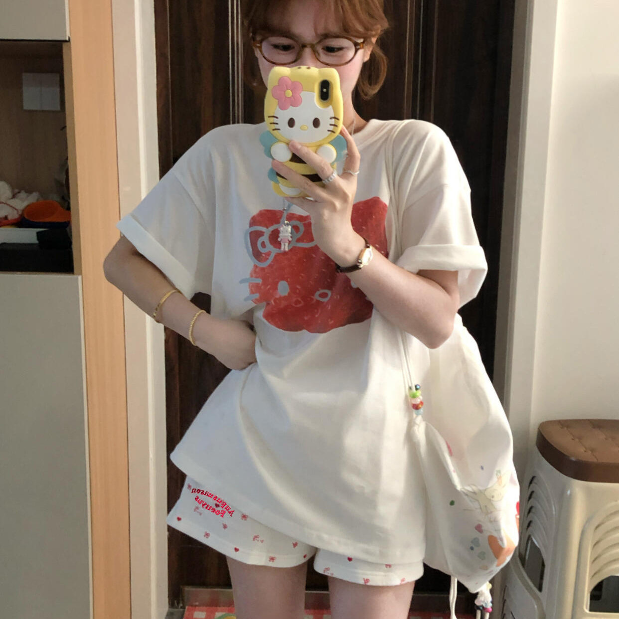 纯棉白色蝴蝶结运动短裤女夏季宽松字母刺绣休闲阔腿居家外穿热裤