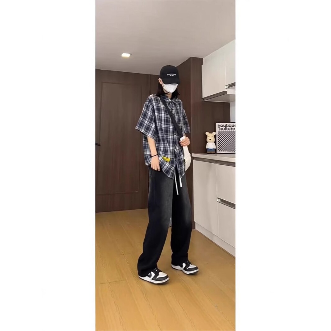 港风韩版潮流衬衣学院男士格子衬衫短袖春秋新款学生通勤宽松外套