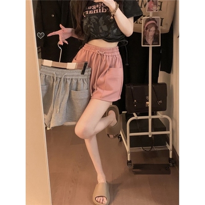 美式高街粉色运动裤女夏抽绳休闲裤宽松阔腿裤显瘦小个子a字短裤