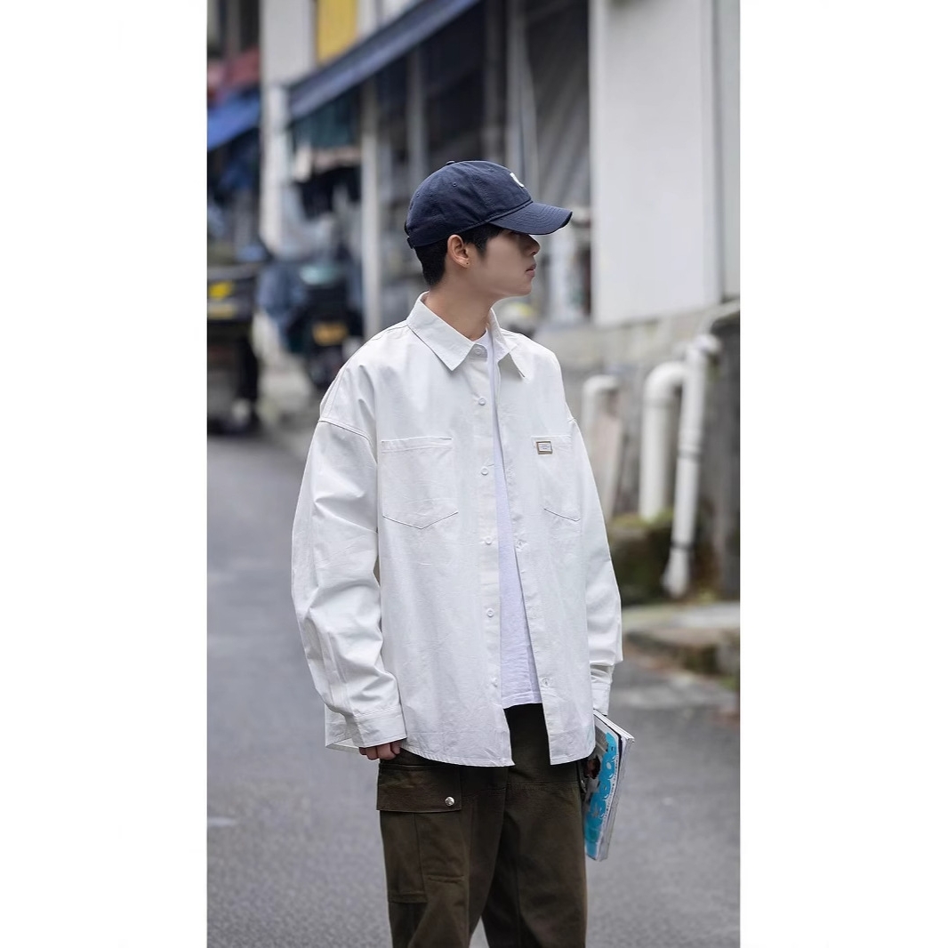 ins港风长袖白衬衫男秋季学生韩版潮流宽松男士纯色衬衣日系外套