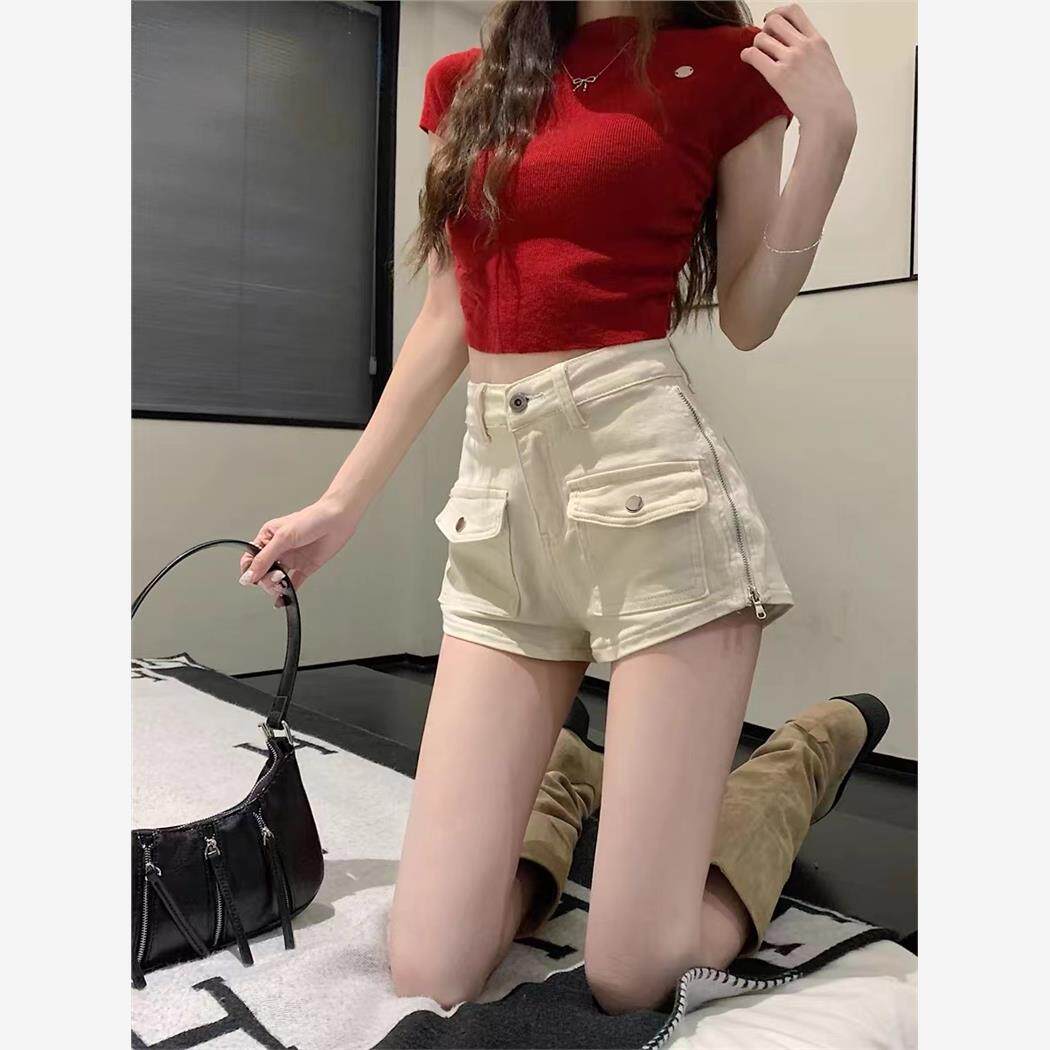 水洗拉链白色牛仔短裤女夏季新款辣妹高腰显瘦直筒裤子休闲热裤子