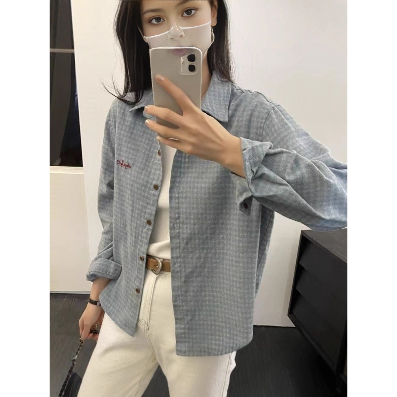 韩系蓝色格子刺绣衬衫外套女春秋外搭磨毛衬衣宽松百搭时尚上衣