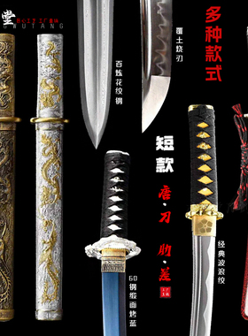 龙泉唐刀烧刃12寸短剑从戎之剑锰钢锻打肋差花纹钢武士收藏未开刃