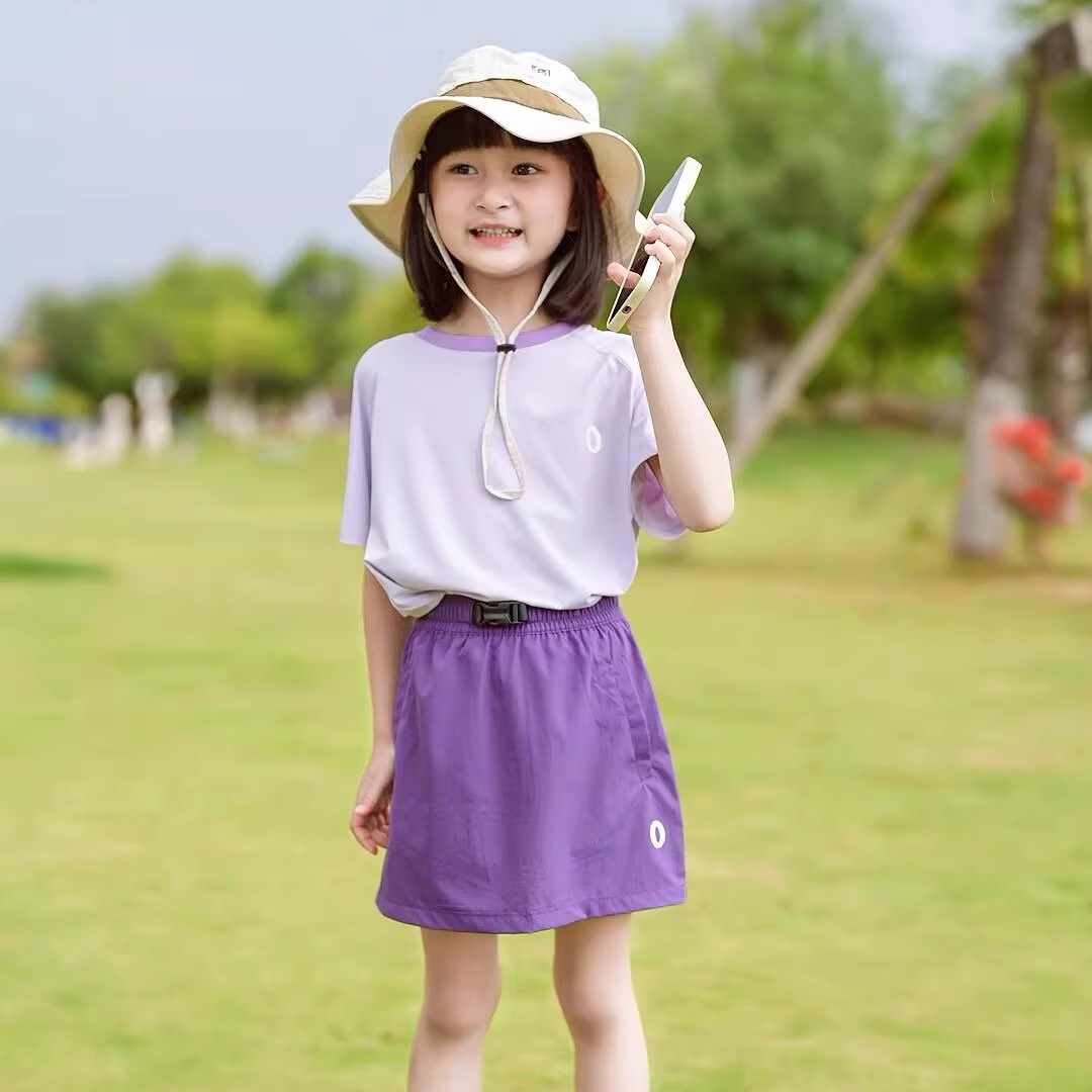 女童夏季冰感速干短袖上衣+儿童运动休闲中大童防走光工装裙套装
