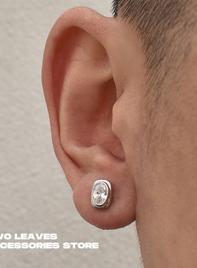 TWO LEAVES S925纯银长方椭圆形锆石耳钉轻奢小众男女款潮流耳饰