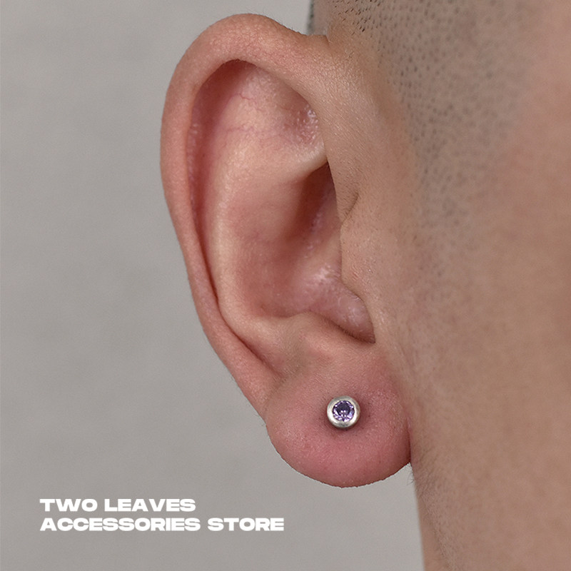 TWOLEAVESS925纯银圆形紫钻耳钉