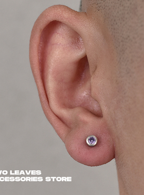 TWO LEAVES S925纯银圆形紫钻耳钉复古做旧男女百搭潮流街头耳饰