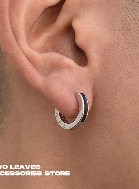 TWO LEAVES S925纯银罗马数字黑色耳环欧美街头男女百搭潮流耳圈