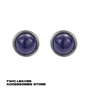 TWO S925纯银复古天然青金石耳钉圆形百搭潮男女做旧耳饰 LEAVES