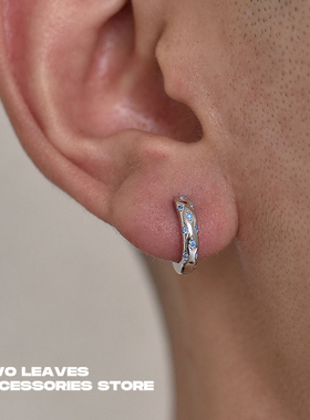 TWO LEAVES S925纯银蓝色钻耳环轻奢男女潮设计小众镶钻街头耳圈