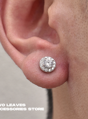 TWO LEAVES S925纯银欧美满钻耳钉百搭锆石街头嘻哈男女圆形耳饰