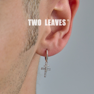 耳圈 S925纯银双十字架耳环嘻哈hiohop潮流欧美男女款 TWO LEAVES