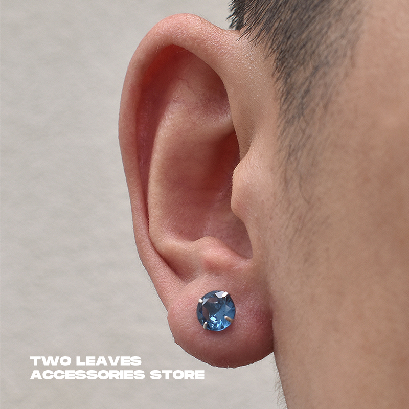 TWO LEAVES S925纯银四爪蓝锆石耳钉迷你养耳街头潮流男女款耳饰