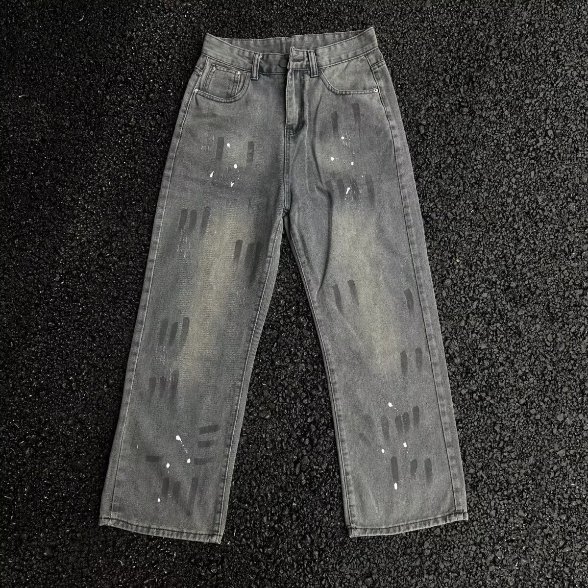 美式高街复古泼墨牛仔裤男士潮流