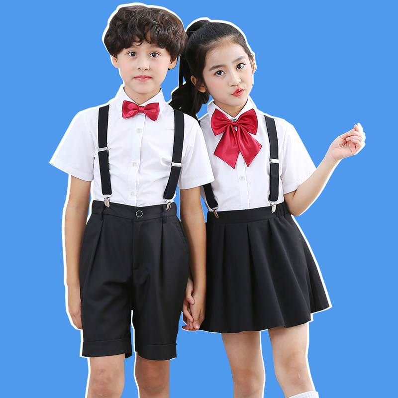秋冬儿童大合唱演出礼服男童白衬衫黑色背带裤幼儿园毕业照西装