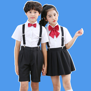 夏季儿童大合唱演出礼服男童白衬衫黑色背带裤幼儿园毕业照西装