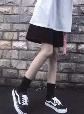 黑色五分休闲运动短裤女学生韩版宽松新款百搭外穿高腰阔腿裤子夏