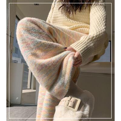 软糯彩虹条纹针织阔腿裤